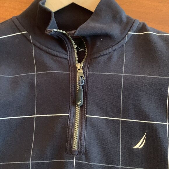 Nautica Mens Sweatshirt Large Blue  Plaid Quarter Zip Pullover Cotton‎ Fleece - Picture 3 of 6